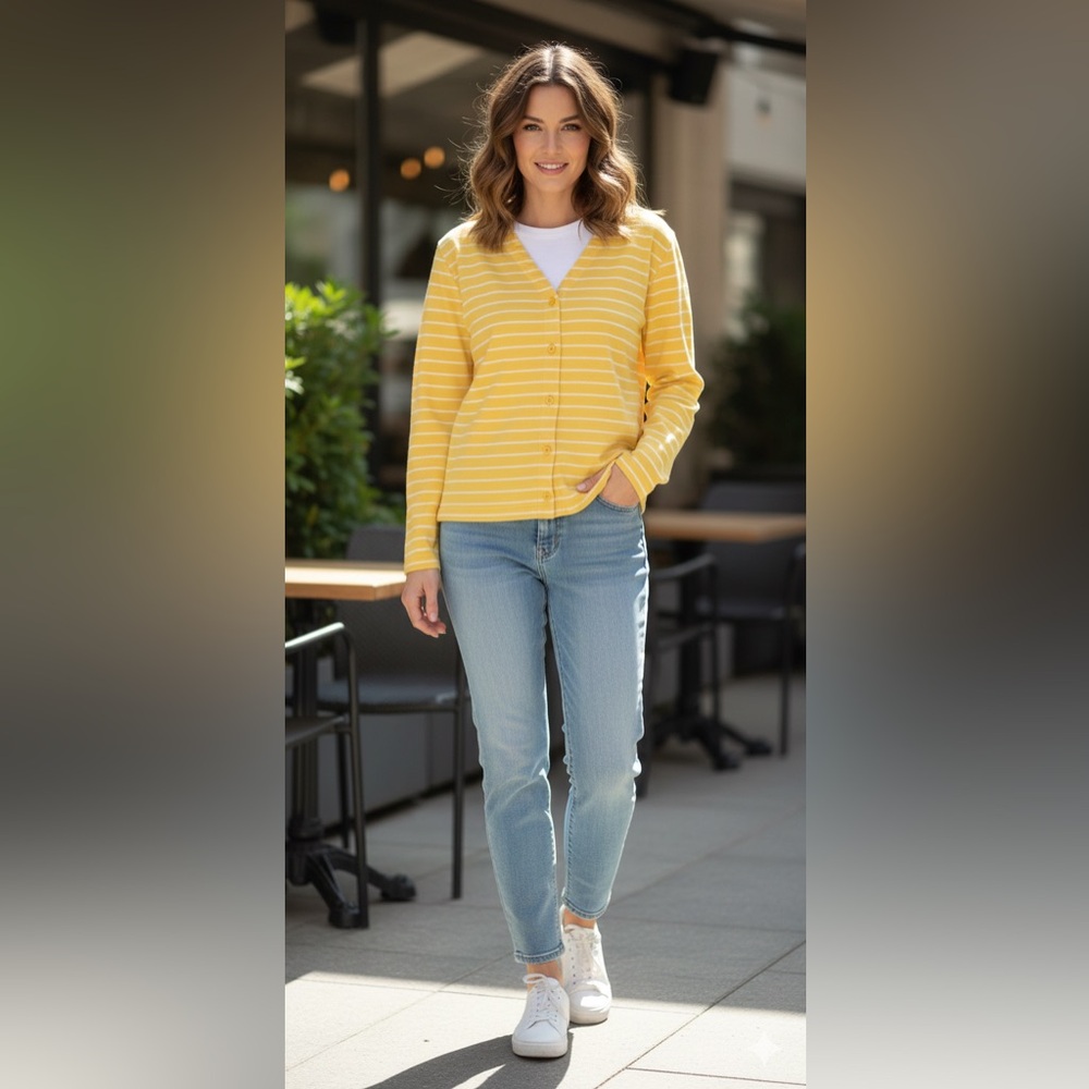 Vintage Lands' End Direct Merchant Yellow White Stripe Button Down Shirt Small